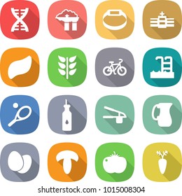 flat vector icon set - dna vector, factory filter, smart bracelet, hospital, liver, spikelets, bike, pool, tennis, vegetable oil, garlic clasp, jug, eggs, mushroom, tomato, carrot