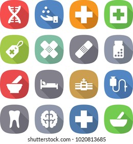 flat vector icon set - dna vector, chemical industry, medical cross, label, patch, pills bottle, mortar, hospital bed, dropper, tooth, brain