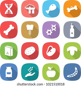 flat vector icon set - dna vector, factory filter, chicken leg, bone, tooth implant, edit, vegetable oil, cereals, potato, beans, mushroom, flour, harvest, apple, peas