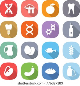 flat vector icon set - dna vector, factory filter, apple, tooth, implant, edit, vegetable oil, jug, eggs, fish, spike, beans, eggplant, bread, shampoo