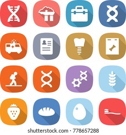 flat vector icon set - dna vector, factory filter, doctor bag, ambulance car, anamnesis, tooth implant, roentgen, tourist, edit, spike, strawberry, bread, egg, brush