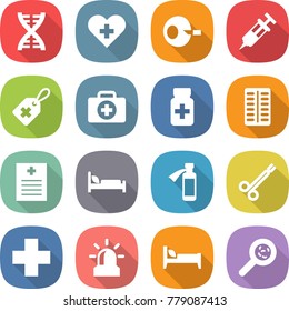 flat vector icon set - dna vector, heart cross, artificial insemination, syringe, medical label, doctor case, pills bottle, blister, recipe, hospital bed, potion, surgical clamp, alarm, viruses