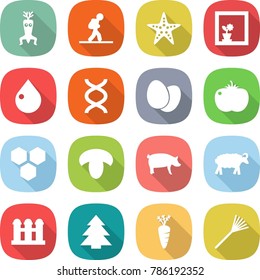 flat vector icon set - dna modify vector, tourist, starfish, flower in window, drop, eggs, tomato, honeycombs, mushroom, pig, sheep, grain elevator, spruce, carrot, rake