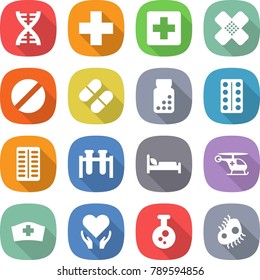 flat vector icon set - dna vector, medical cross, patch, pill, pills bottle, blister, test vial, hospital bed, ambulance helicopter, hat, health care, chemical, microb