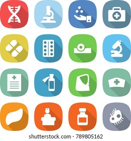 flat vector icon set - dna vector, microscope, chemical industry, doctor case, pill, pills blister, head reflector, recipe, potion bottle, broken hand, medical hat, liver, hospital recieption