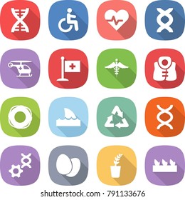 flat vector icon set - dna vector, disability, heart pulse, ambulance helicopter, medical flag, sign, life vest, lifebuoy, shark flipper, recycle, edit, eggs, seedling