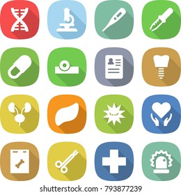 flat vector icon set - dna vector, microscope, medical thermometer, pipette, pill, head reflector, anamnesis, tooth implant, kidneys, liver, virus, health care, roentgen, surgical clamp, cross