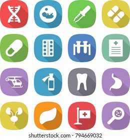 flat vector icon set - dna vector, pregnancy, pipette, pill, pills blister, test vial, recipe, ambulance helicopter, potion bottle, tooth, stomach, kidneys, liver, medical flag, viruses