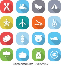 flat vector icon set - dna vector, eco car, leafs, tent, starfish, windmill, walnut crack, thermometer, potato, spike, pig, fish, sow, tomato, fertilizer, ecology