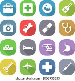 flat vector icon set - doctor bag vector, medical cross, pregnancy, label, case, broken bone, patch, stethoscope, head reflector, hospital bed, ambulance helicopter, stomach, surgical clamp, sign
