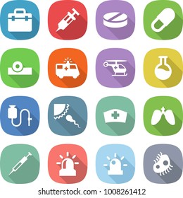 flat vector icon set - doctor bag vector, syringe, pill, head reflector, ambulance car, helicopter, flask, dropper, sperm, medical hat, lungs, alarm, siren, microb