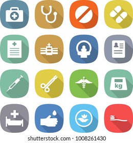 flat vector icon set - doctor case vector, stethoscope, pill, recipe, hospital, tomography, anamnesis, syringe, surgical clamp, ambulance sign, heavy, hand drop, ecology, tooth brush