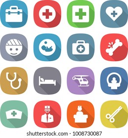 flat vector icon set - doctor bag vector, medical cross, heart, bandaged head, pregnancy, case, broken bone, stethoscope, hospital bed, ambulance helicopter, tomography, hat, recieption