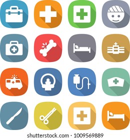 flat vector icon set - doctor bag vector, medical cross, bandaged head, case, broken bone, hospital bed, ambulance car, tomography, dropper, hat, scalpel, surgical clamp, first aid