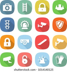 flat vector icon set - doctor case vector, ladder, lock, building helmet, traffic light, alarm, surveillance, shield, locked, camera, stairs, unlock, siren, gloves