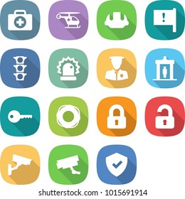 flat vector icon set - doctor case vector, ambulance helicopter, building helmet, important flag, traffic light, alarm, security man, detector, key, lifebuoy, locked, unlocked, surveillance camera