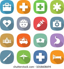 flat vector icon set - doctor bag vector, medical cross, ambulance star, heart, bandaged head, syringe, case, hospital, car, hat, stomach, scalpel, sign, bed