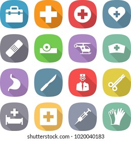 flat vector icon set - doctor bag vector, medical cross, heart, patch, head reflector, ambulance helicopter, hat, stomach, scalpel, surgical clamp, hospital, first aid, syringe, gloves