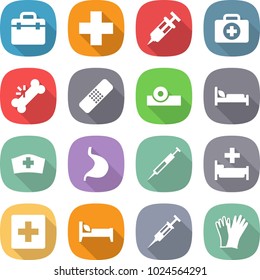 flat vector icon set - doctor bag vector, medical cross, syringe, case, broken bone, patch, head reflector, hospital bed, hat, stomach, first aid, gloves