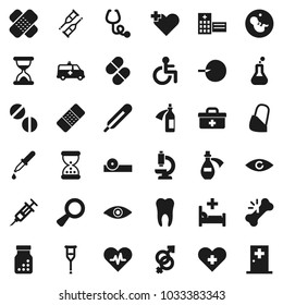 Flat vector icon set - doctor bag vector, disabled, heart pulse, cross, thermometer, flask, eye, gender sign, magnifier, pregnancy, insemination, syringe, dropper, crutches, broken bone, sand clock