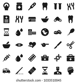 Flat vector icon set - doctor bag vector, heart pulse, thermometer, vial, eye, dna, pregnancy, syringe, scissors, scalpel, sand clock, patch, pills, bottle, blister, mortar, hat, chromosomes, sperm