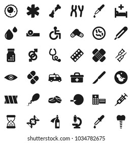 Flat vector icon set - doctor bag vector, ambulance star, disabled, thermometer, eye, gender sign, dna, pregnancy, insemination, syringe, dropper, crutches, scalpel, broken bone, sand clock, patch