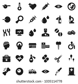 Flat vector icon set - doctor bag vector, disabled, heart pulse, cross, thermometer, eye, magnifier, pregnancy, insemination, syringe, dropper, scissors, broken bone, pills, hat, microscope, potion