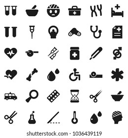 Flat vector icon set - doctor bag vector, ambulance star, disabled, heart pulse, thermometer, flask, vial, gender sign, magnifier, crutches, scissors, scalpel, broken bone, sand clock, stethoscope