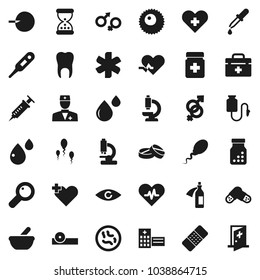 Flat vector icon set - doctor bag vector, ambulance star, heart pulse, cross, thermometer, eye, gender sign, magnifier, insemination, syringe, dropper, sand clock, patch, pills, bottle, mortar, hat