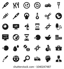 Flat vector icon set - doctor bag vector, disabled, thermometer, dna, magnifier, pregnancy, insemination, syringe, dropper, crutches, scissors, sand clock, pills, mortar, microbs, chromosomes, ovule