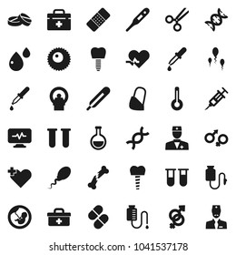 Flat vector icon set - doctor bag vector, heart pulse, cross, thermometer, flask, vial, gender sign, dna, pregnancy, syringe, dropper, scissors, broken bone, patch, pills, blood drop, tomography