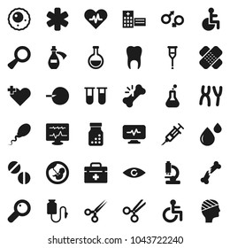 Flat vector icon set - doctor bag vector, ambulance star, disabled, heart pulse, cross, flask, vial, eye, gender sign, magnifier, pregnancy, insemination, syringe, crutches, scissors, broken bone