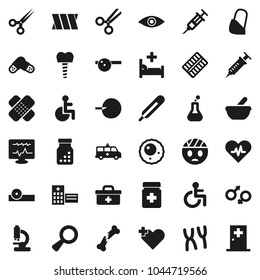 Flat vector icon set - doctor bag vector, disabled, heart pulse, cross, thermometer, flask, eye, gender sign, magnifier, insemination, syringe, scissors, broken bone, patch, pills, bottle, blister