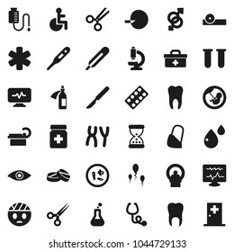 Flat vector icon set - doctor bag vector, ambulance star, disabled, thermometer, flask, vial, eye, gender sign, pregnancy, insemination, scissors, scalpel, sand clock, stethoscope, pills, bottle