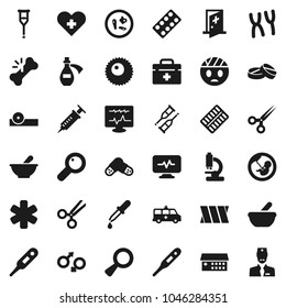 Flat vector icon set - doctor bag vector, ambulance star, heart cross, thermometer, gender sign, magnifier, pregnancy, syringe, dropper, crutches, scissors, broken bone, pills, blister, mortar, head