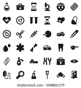 Flat vector icon set - doctor bag vector, ambulance star, heart pulse, thermometer, flask, vial, eye, magnifier, insemination, syringe, crutches, scissors, broken bone, sand clock, pills, blister