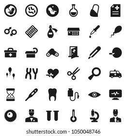 Flat vector icon set - doctor bag vector, heart pulse, thermometer, flask, vial, eye, gender sign, magnifier, pregnancy, insemination, dropper, scissors, sand clock, pills, blister, microscope