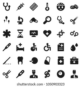 Flat vector icon set - doctor bag vector, ambulance star, disabled, heart cross, thermometer, gender sign, dna, magnifier, insemination, syringe, scissors, scalpel, sand clock, stethoscope, pills