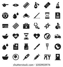 Flat vector icon set - doctor bag vector, disabled, heart pulse, cross, thermometer, flask, eye, dna, pregnancy, syringe, crutches, scalpel, sand clock, patch, stethoscope, pills, bottle, blister