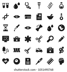 Flat vector icon set - doctor bag vector, ambulance star, heart pulse, thermometer, flask, vial, eye, gender sign, dna, magnifier, pregnancy, syringe, dropper, crutches, scissors, broken bone, ovule