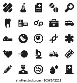 Flat vector icon set - doctor bag vector, ambulance star, heart cross, flask, gender sign, dna, magnifier, pregnancy, insemination, syringe, patch, pills, blister, eye hat, microscope, microbs