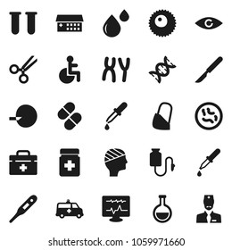Flat vector icon set - doctor bag vector, disabled, thermometer, flask, vial, eye, dna, insemination, dropper, scissors, scalpel, pills, bottle, microbs, chromosomes, blood drop, hospital building