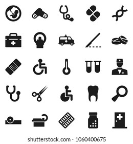 Flat vector icon set - doctor bag vector, disabled, thermometer, vial, dna, magnifier, pregnancy, scissors, scalpel, patch, stethoscope, pills, bottle, blister, eye hat, amkbulance car, tomography