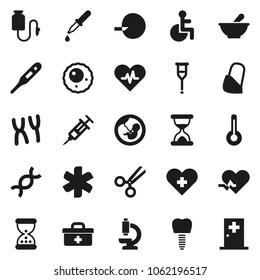 Flat vector icon set - doctor bag vector, ambulance star, disabled, heart pulse, cross, thermometer, dna, pregnancy, insemination, syringe, dropper, crutches, scissors, sand clock, mortar, bandage