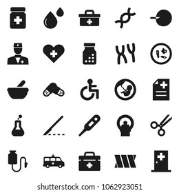 Flat vector icon set - doctor bag vector, disabled, heart cross, thermometer, flask, dna, pregnancy, insemination, scissors, scalpel, pills, bottle, mortar, microbs, chromosomes, blood drop, bandage