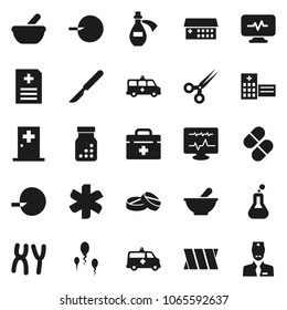 Flat vector icon set - doctor bag vector, ambulance star, flask, insemination, scissors, scalpel, pills, bottle, mortar, chromosomes, anamnesis, hospital building, amkbulance car, diagnostic monitor