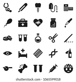 Flat vector icon set - doctor bag vector, heart pulse, thermometer, flask, vial, eye, dna, syringe, dropper, scissors, scalpel, broken bone, stethoscope, pills, bottle, blister, hat, hospital bed