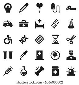 Flat vector icon set - doctor bag vector, disabled, thermometer, flask, vial, dna, syringe, dropper, crutches, scissors, broken bone, sand clock, pills bottle, blister, eye hat, hospital bed, ovule