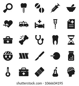 Flat vector icon set - doctor bag vector, heart pulse, thermometer, flask, magnifier, insemination, syringe, crutches, scalpel, broken bone, sand clock, patch, stethoscope, pills, bottle, mortar