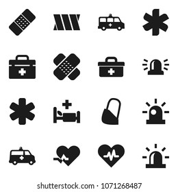 Flat vector icon set - doctor bag vector, ambulance star, heart pulse, patch, hospital bed, amkbulance car, bandage, siren